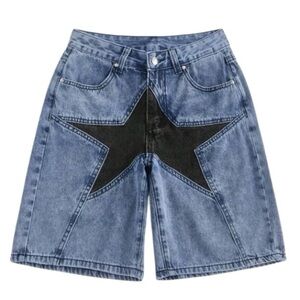 ROMWE Denim Bermuda Shorts Black Star Blue Denim Size 2/XS Colorblock Geometric